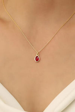 925 Ayar Gümüş Kırmızı Taşlı Oval Kolye