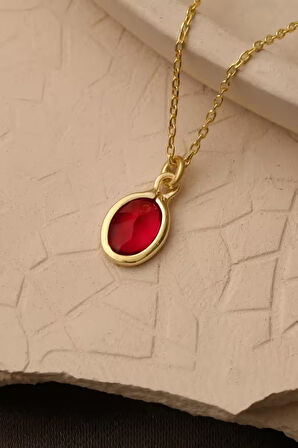 925 Ayar Gümüş Kırmızı Taşlı Oval Kolye
