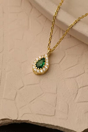 925 Ayar Gümüş Yeşil Taşlı Damla Kolye