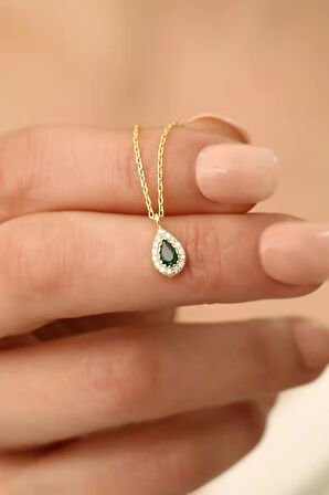 925 Ayar Gümüş Yeşil Taşlı Damla Kolye