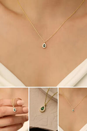 925 Ayar Gümüş Yeşil Taşlı Damla Kolye