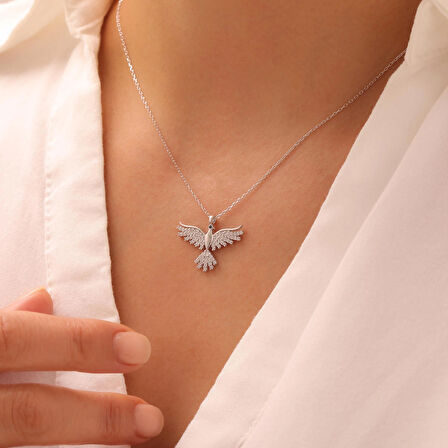 925 Ayar Gümüş Zirkon Taşlı Anka Kuşu Kolye (Silver)