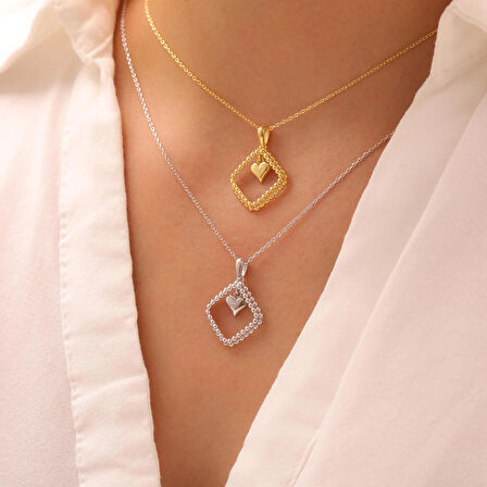 925 Ayar Gümüş Zirkon Taşlı Çerçeveli Kalp Kolye (Gold)