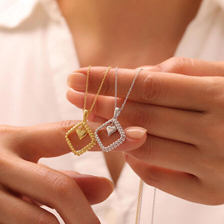 925 Ayar Gümüş Zirkon Taşlı Çerçeveli Kalp Kolye (Gold)