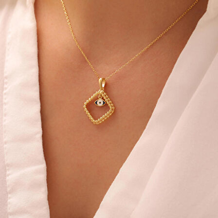 925 Ayar Gümüş Zirkon Taşlı Çerçeveli Nazar Kolye (Gümüş)