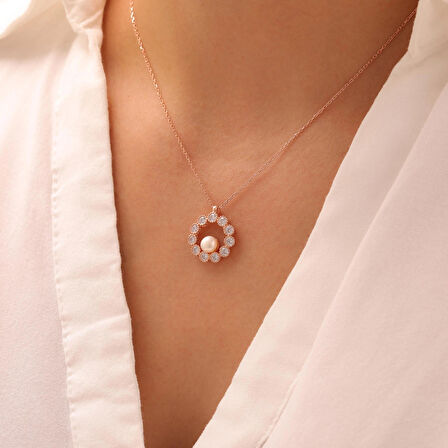 925 Ayar Gümüş İnci ve Zirkon Taşlı Halkalı  Kolye (Rose Gold)