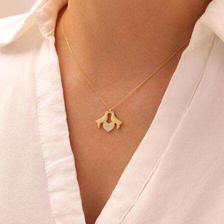 925 Ayar Gümüş Zirkon Taşlı Kalpli Kumrular Kolye (Gümüş)