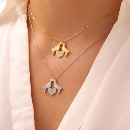 925 Ayar Gümüş Zirkon Taşlı Kalpli Kumrular Kolye (Gümüş)