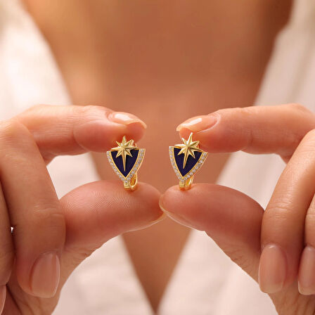 925 Ayar Gümüş Kutup Yıldızlı Mineli Zirkon Taşlı Küpe (Gold)