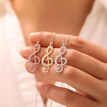 925 Ayar Gümüş Zirkon Taşlı Sol Anahtarı Kolye (Rose Gold)