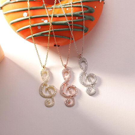 925 Ayar Gümüş Zirkon Taşlı Sol Anahtarı Kolye (Rose Gold)