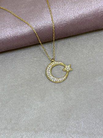 925 Ayar Gümüş Zirkon Taşlı Ay-Yıldız Kolye (Altın Renk)