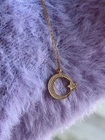 925 Ayar Gümüş Zirkon Taşlı Ay-Yıldız Kolye (Altın Renk)