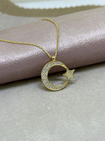 925 Ayar Gümüş Zirkon Taşlı Ay-Yıldız Kolye (Altın Renk)