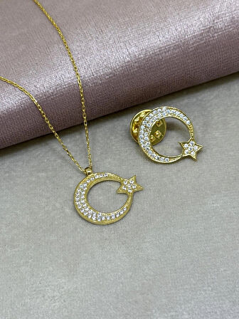925 Ayar Gümüş Zirkon Taşlı Ay-Yıldız Kolye & Yaka İğnesi (Altın Renk)
