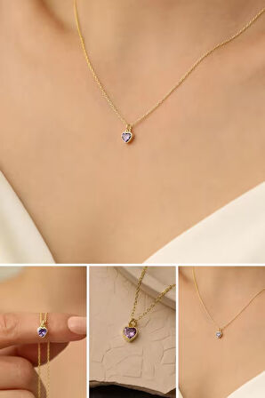 925 Ayar Gümüş Mor Taşlı Minimal Kolye