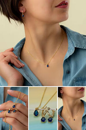 925 Ayar Gümüş Lacivert Taşlı Kolye-Küpe Takı Seti