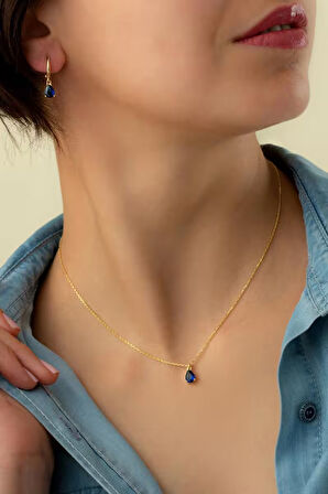 925 Ayar Gümüş Lacivert Taşlı Kolye-Küpe Takı Seti