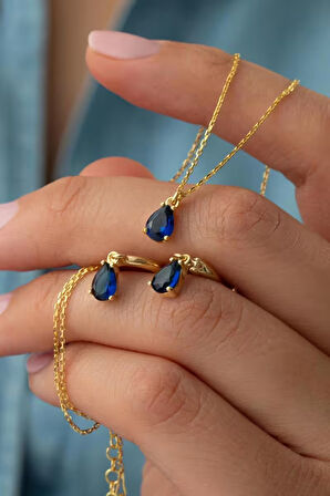 925 Ayar Gümüş Lacivert Taşlı Kolye-Küpe Takı Seti