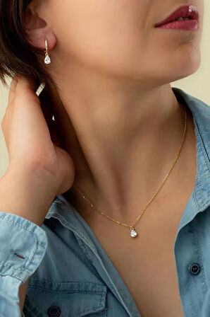 925 Ayar Gümüş Damla Taşlı Kolye-Küpe Seti