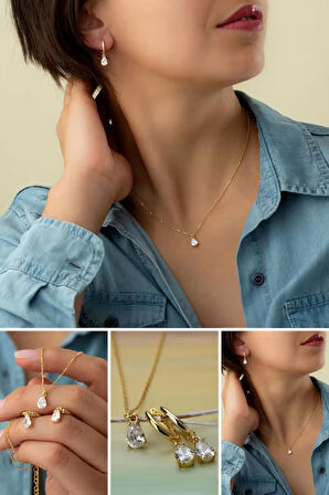 925 Ayar Gümüş Damla Taşlı Kolye-Küpe Seti