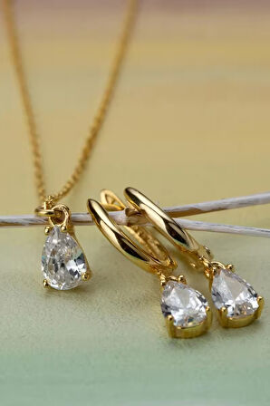 925 Ayar Gümüş Damla Taşlı Kolye-Küpe Seti