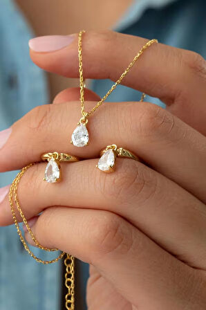 925 Ayar Gümüş Damla Taşlı Kolye-Küpe Seti