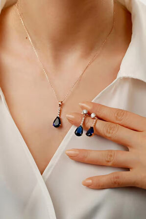 925 Ayar Gümüş Beyaz-Lacivert Taş Detaylı Kolye-Küpe Takı Seti