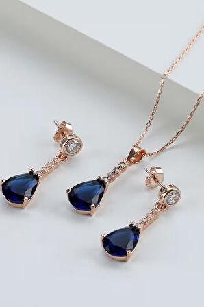 925 Ayar Gümüş Beyaz-Lacivert Taş Detaylı Kolye-Küpe Takı Seti