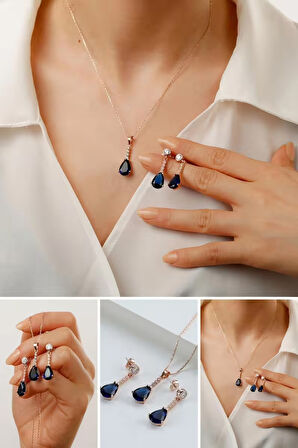 925 Ayar Gümüş Beyaz-Lacivert Taş Detaylı Kolye-Küpe Takı Seti