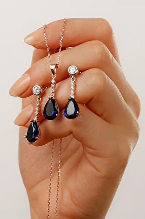 925 Ayar Gümüş Beyaz-Lacivert Taş Detaylı Kolye-Küpe Takı Seti