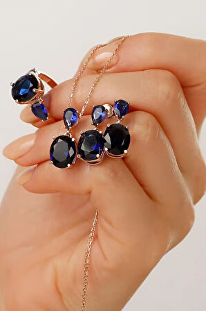 925 Ayar Gümüş Lacivert Taş Detaylı Takı Seti