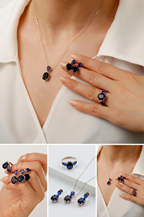 925 Ayar Gümüş Lacivert Taş Detaylı Takı Seti