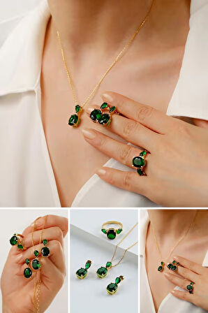 925 Ayar Gümüş Yeşil Taş Detaylı Takı Seti