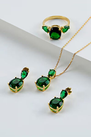 925 Ayar Gümüş Yeşil Taş Detaylı Takı Seti