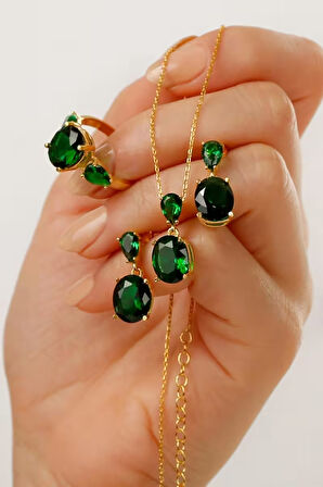 925 Ayar Gümüş Yeşil Taş Detaylı Takı Seti