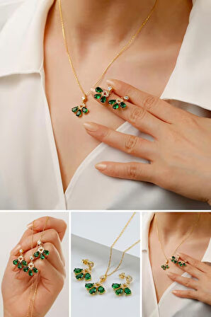 925 Ayar Gümüş Beyaz - Yeşil Taşlı Takı Seti