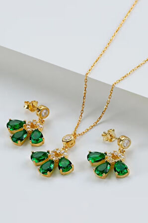 925 Ayar Gümüş Beyaz - Yeşil Taşlı Takı Seti