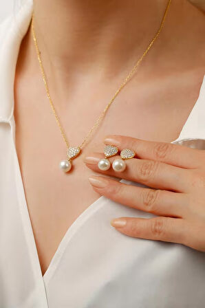 925 Ayar Gümüş Beyaz Taşlı İnci Takı Seti