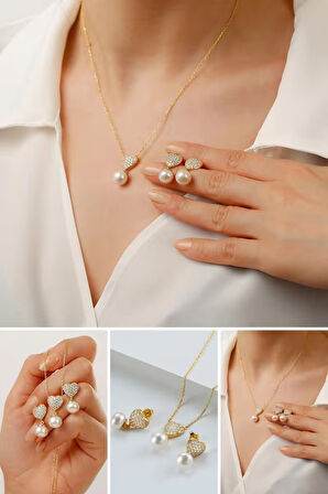 925 Ayar Gümüş Beyaz Taşlı İnci Takı Seti