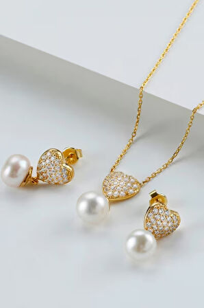 925 Ayar Gümüş Beyaz Taşlı İnci Takı Seti