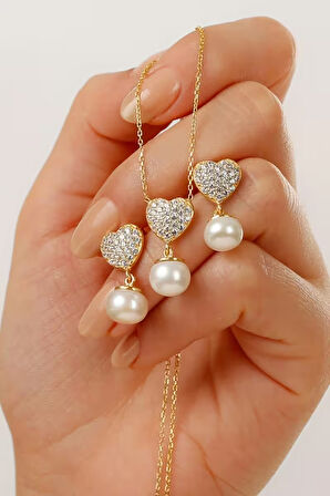 925 Ayar Gümüş Beyaz Taşlı İnci Takı Seti