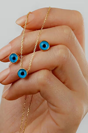 925 Ayar Gümüş Göz Nazarlı Küpe-Kolye Takı Seti