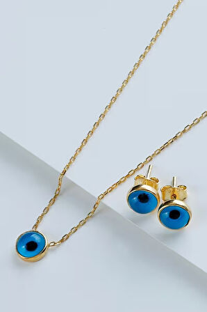 925 Ayar Gümüş Göz Nazarlı Küpe-Kolye Takı Seti