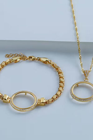 925 Ayar Gümüş Çeyrek Altın İçin Pullu Zincir Bileklik & Kolye Set