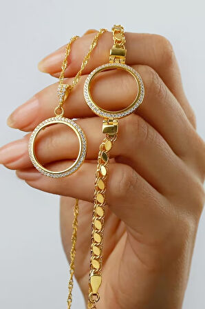 925 Ayar Gümüş Çeyrek Altın İçin Pullu Zincir Bileklik & Kolye Set