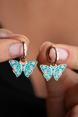 925 Ayar Gümüş Rose Yeşil Mineli Kelebek Küpe