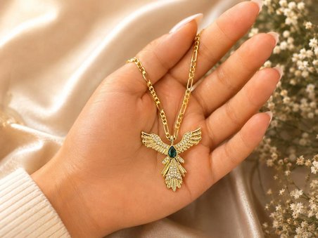 14 Ayar Altın Kaplama Efsanevi Anka Kuşu Zümrüt Taşlı Kolye 