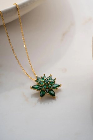 925 Ayar Gümüş Yeşil Zümrüt Taşlı Buzlu Lotus Kolye