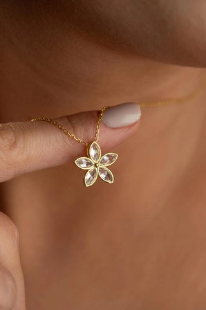 925 Ayar Gümüş Minimalist Beş Yapraklı Baget Çiçek Kolye